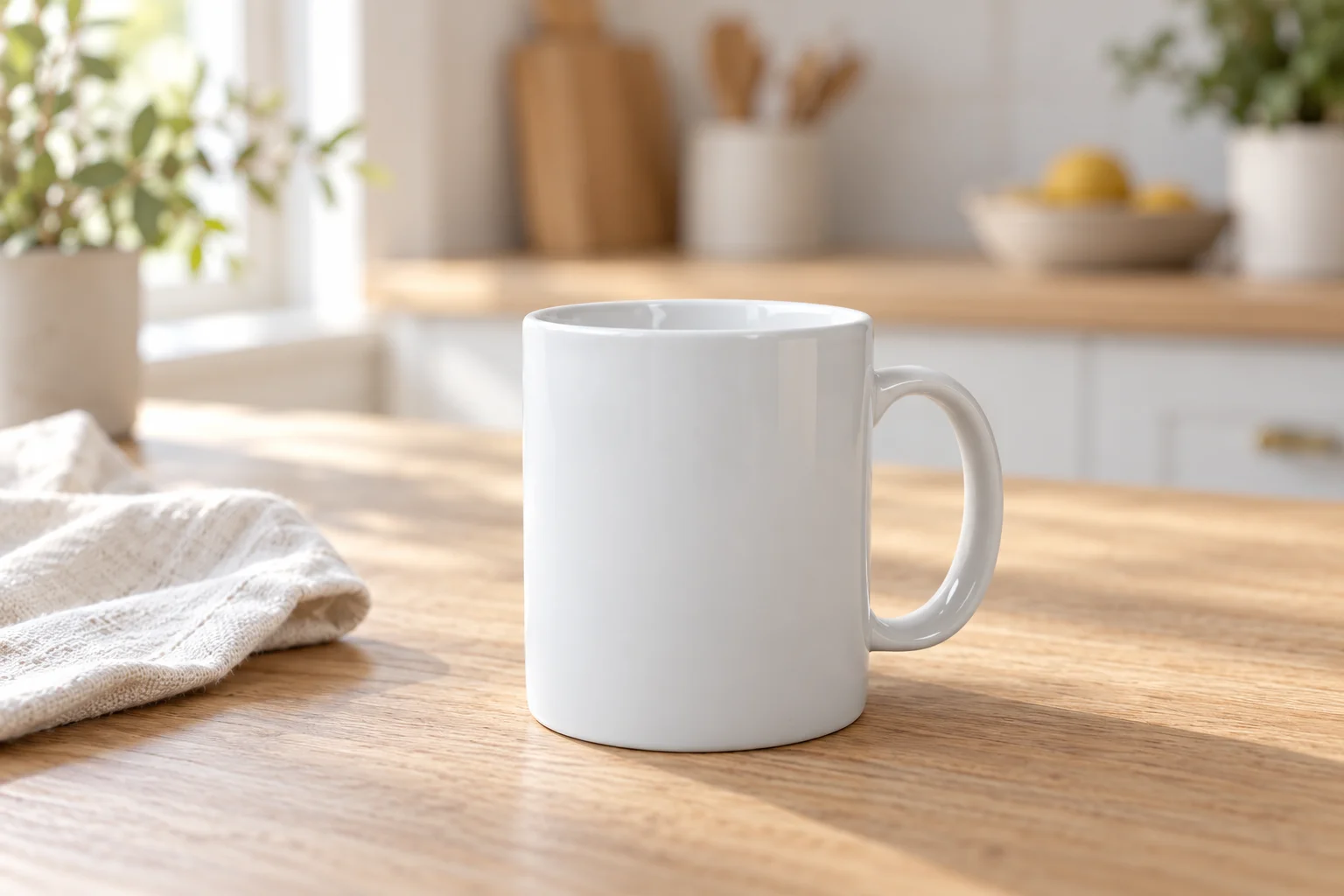 AI-edited scene of the reference white mug on a pale oak kitchen table with a separate linen napkin and soft window light
