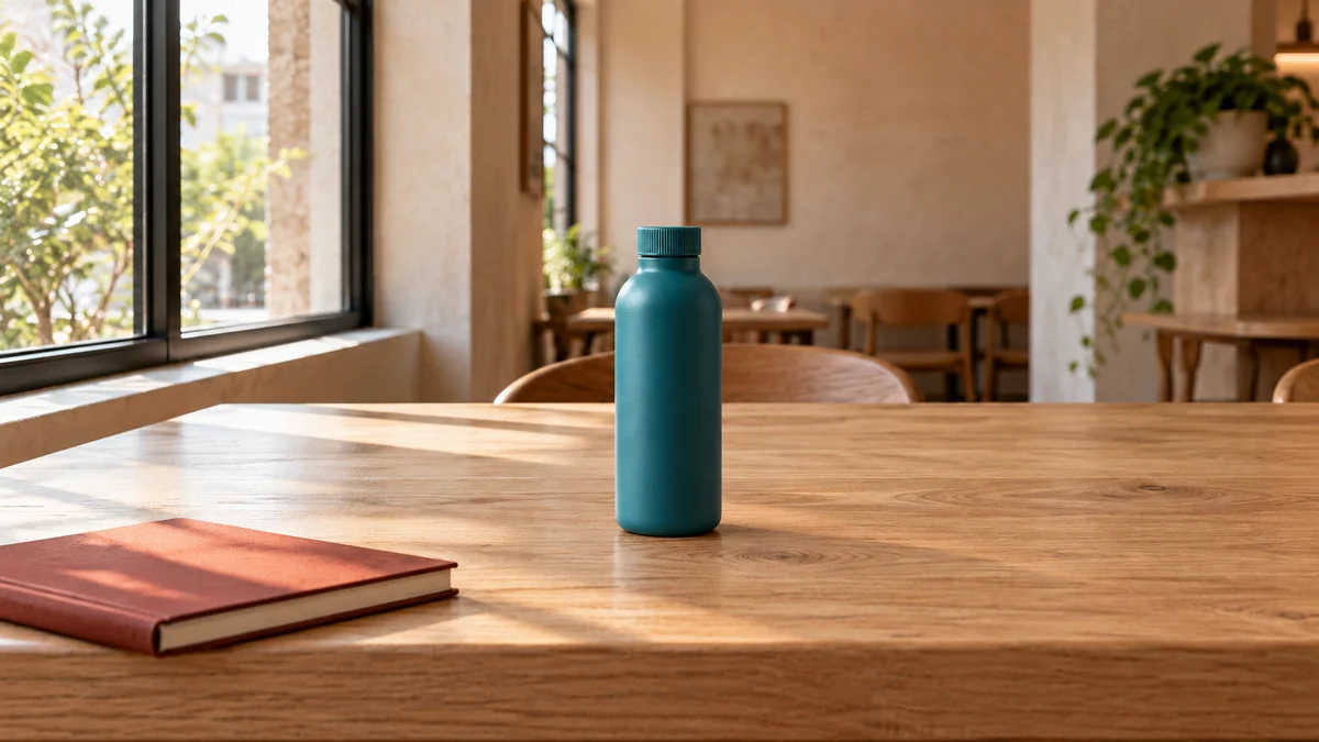 1200 × 675 A stationary teal bottle in a café, with a nearby red notebook and a distant plant