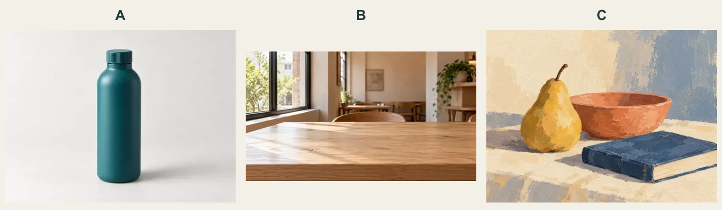 標示 A、B、C 的三張參考圖，分別為青綠色水瓶、空桌咖啡館與水粉靜物畫